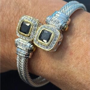 White gold plated stainless designer bangle black stones & sparkling zirconia.